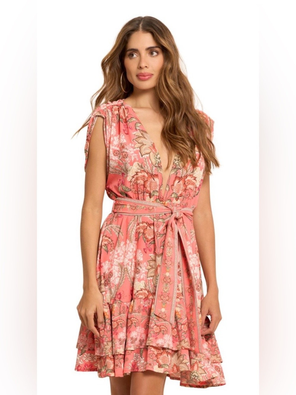 NWT Cosita Linda Pink Floral Tie-Back Swim Coverup with Ruffle Trim